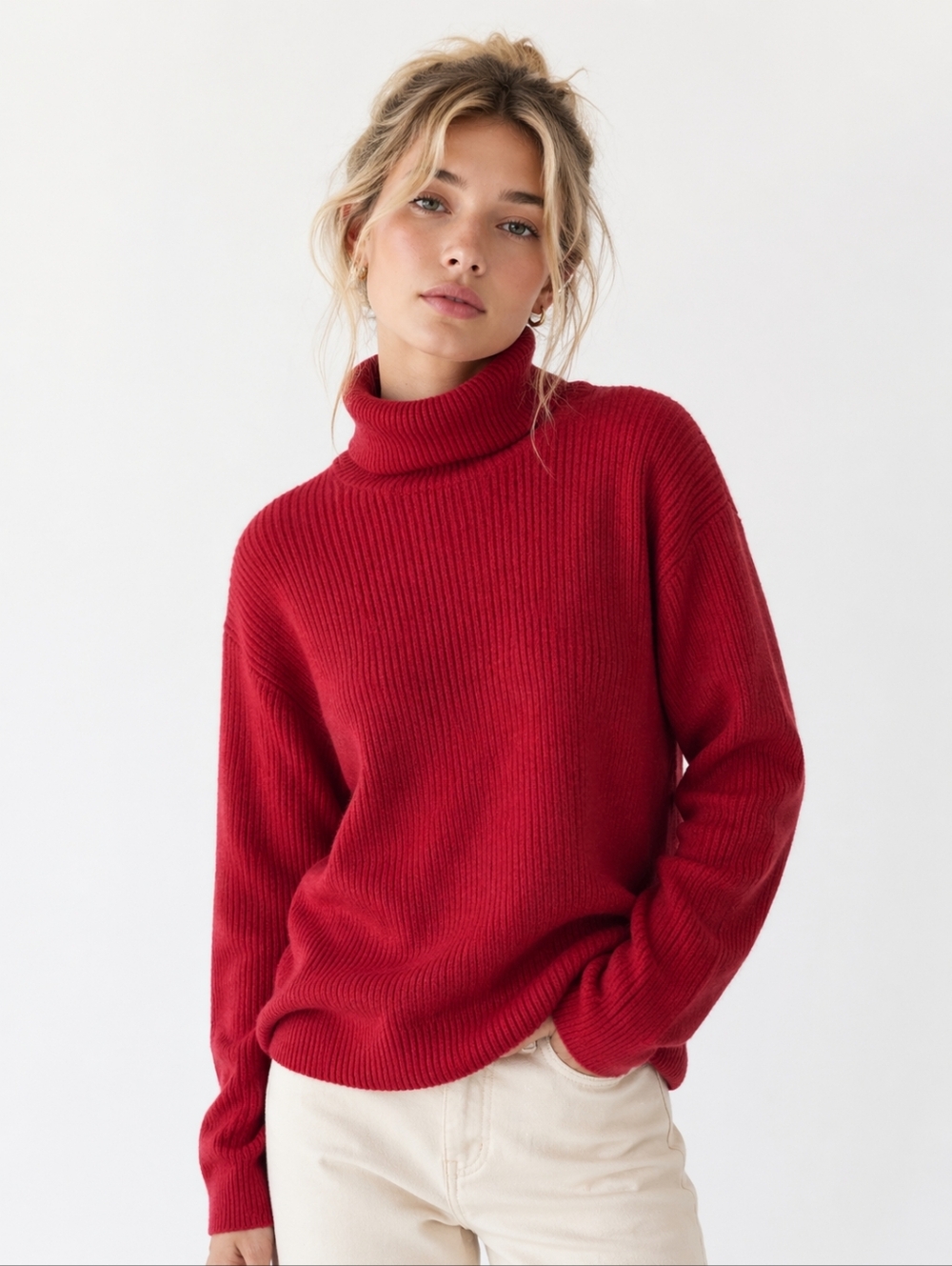 Lands’ End 100% Cashmere Red Ribbed Turtleneck Sweater | Women’s L 14–16